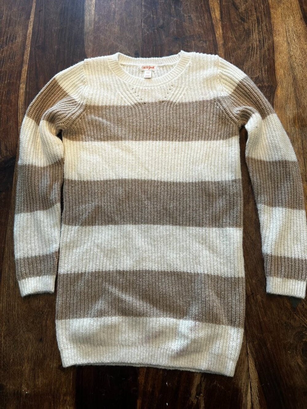 Cat & Jack - Girls Cream & Tan Striped Knit Sweater Dress - Size 8